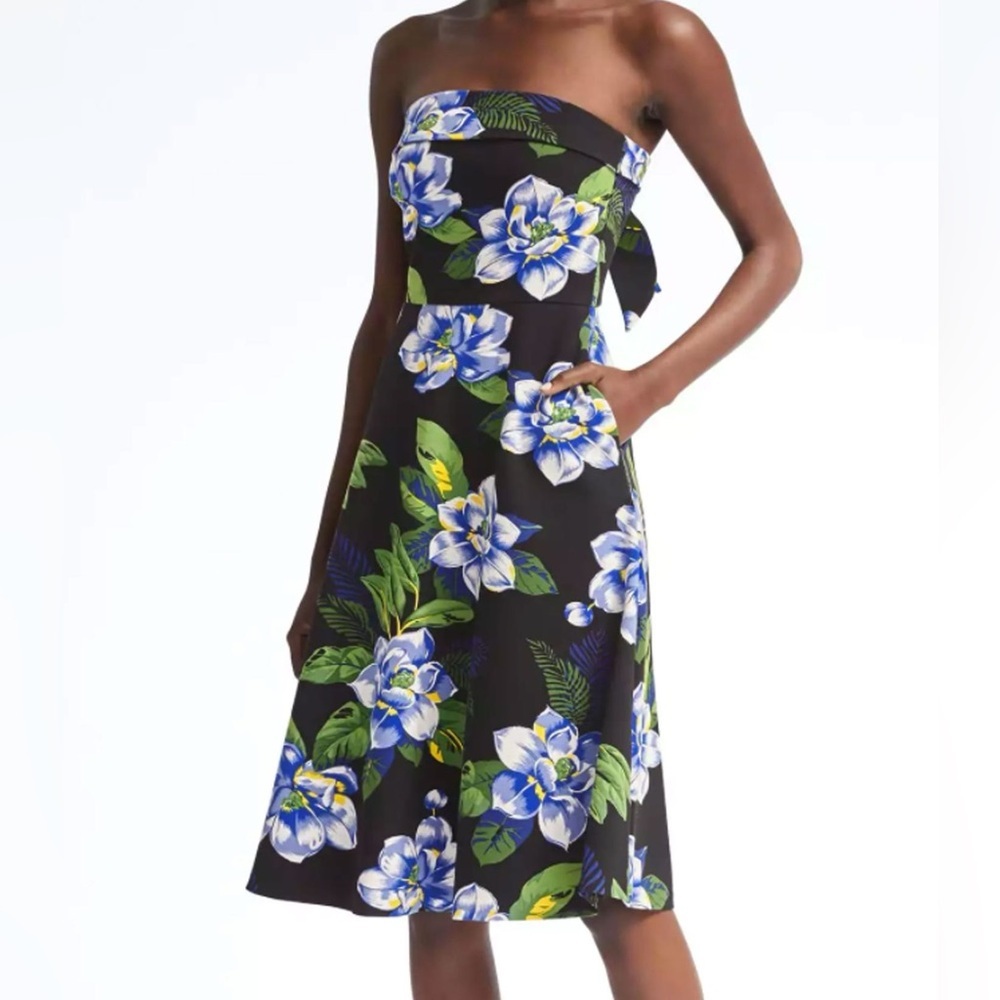 Banana Republic Black Tropical Floral Sleeveless Ponte Fit & Flare Dress Size 6